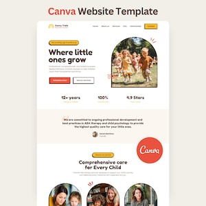Puede incluir: Una plantilla de sitio web de Canva para Sunny Trails Daycare Center con fondo blanco, texto marrón y detalles en naranja. El diseño incluye una sección principal con una foto de niños, menú de navegación y descripciones de servicios.