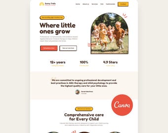 Daycare Website Template ABA Therapy Center Canva Template Child Therapist Web Site Private School
