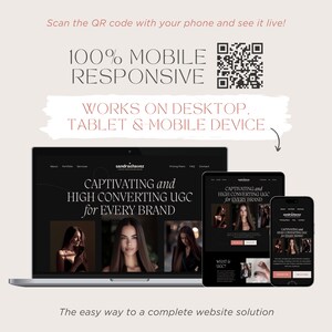 May include: A website design displayed on a laptop, tablet, and smartphone. The text reads "100% MOBILE RESPONSIVE" and "CAPTIVATING and HIGH CONVERTING UGC for EVERY BRAND." A QR code is also visible.