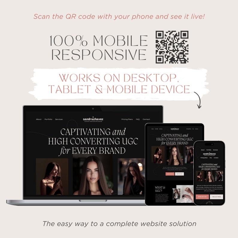 May include: A website design displayed on a laptop, tablet, and smartphone. The text reads "100% MOBILE RESPONSIVE" and "CAPTIVATING and HIGH CONVERTING UGC for EVERY BRAND." A QR code is also visible.