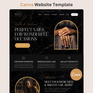 May include: A website template for a nail salon, with a black and gold colour scheme. The design includes the text "PERFECT NAILS FOR WONDERFUL OCCASIONS" and "NAILS BY KEISHA". The template also showcases images of manicured nails.