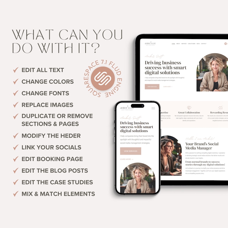 May include: A website design mockup with a pink and white colour scheme. The website is for a business that helps drive business success with smart digital solutions. The text on the website says "Driving business success with smart digital solutions".