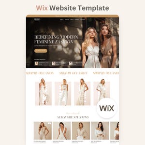 May include: A Wix website template for a fashion boutique named Diora Boutique. The layout features a hero section with text reading Redefining Modern Feminine Fashion, a Shop by Occasion section, and a grid of product images displaying various clothing items.