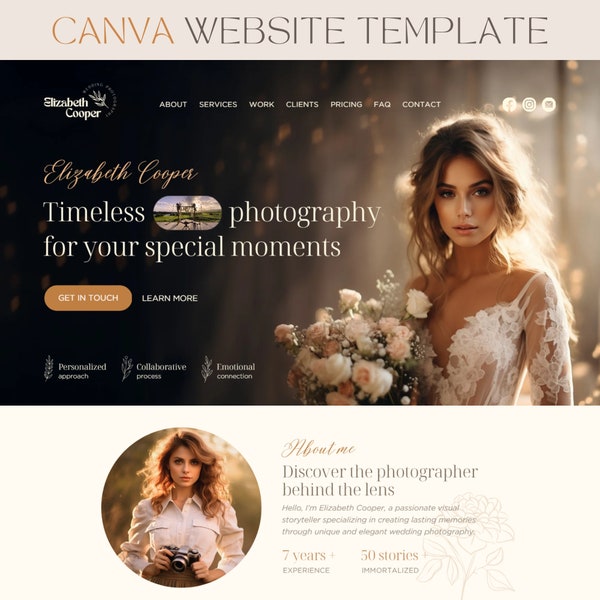 Photography Website Template Canva Boho Website Photographer Landing Page Template Wedding Photographer Site Photography One Page Web Site