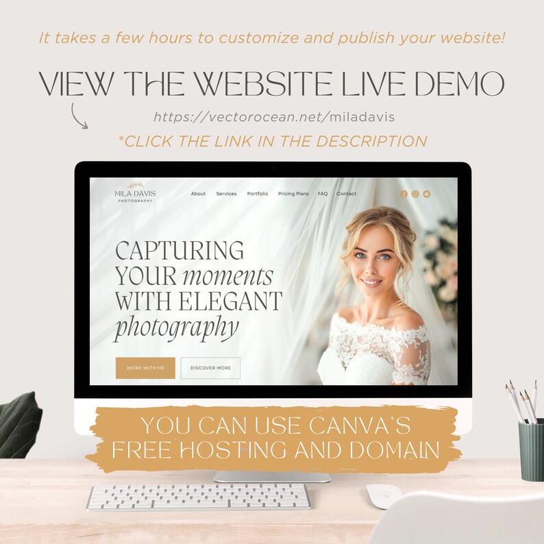 K&ouml;nnte beinhalten: Ein Computermonitor, der eine Website-Vorlage f&uuml;r Mila Davis Photography anzeigt. Der Bildschirm zeigt den Text CAPTURING YOUR moments WITH ELEGANT photography, ein Navigationsmen&uuml; und ein Foto einer Person in einem wei&szlig;en Spitzenbrautkleid.