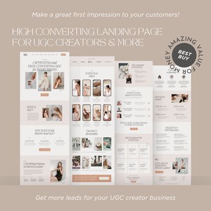 May include: A landing page template designed for UGC creators. The template features a light pink background with a variety of sections, including "What is UGC?", "Why does your brand need UGC?", "Portfolio", "Product Photography", "Services and Digital Solutions", "How does it work?", "Pricing plans for every need", "Frequently asked questions", and "Let's create something special together".
