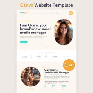 Peut inclure: Un modèle de site web Canva pour une gestionnaire de réseaux sociaux nommée Claire Davis. La mise en page présente un fond crème clair, du texte sombre, des cadres photo circulaires, un menu de navigation et des sections pour les services.