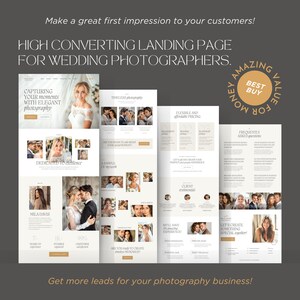 K&ouml;nnte beinhalten: Eine digitale Landingpage-Vorlage f&uuml;r Hochzeitsfotografen in Wei&szlig; und Beige, mit verschiedenen Abschnitten f&uuml;r Fotoportfolios, Preispakete, Kundenreferenzen und h&auml;ufig gestellte Fragen in einer eleganten Typografie.