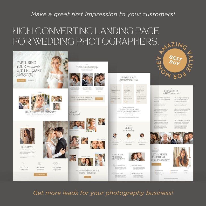 K&ouml;nnte beinhalten: Eine digitale Landingpage-Vorlage f&uuml;r Hochzeitsfotografen in Wei&szlig; und Beige, mit verschiedenen Abschnitten f&uuml;r Fotoportfolios, Preispakete, Kundenreferenzen und h&auml;ufig gestellte Fragen in einer eleganten Typografie.