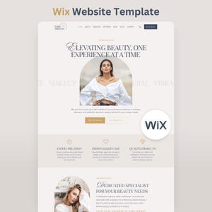 Puede incluir: Una plantilla de sitio web Wix con una paleta de colores neutros en tonos beige y blanco. El diseño incluye un encabezado con navegación, una sección principal con una fotografía centrada en forma de arco y secciones de texto tituladas Elevating Beauty, One Experience At A Time y Dedicated Specialist For Your Beauty Needs.