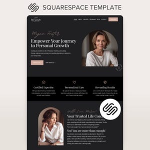 Könnte beinhalten: Eine Squarespace-Website-Vorlage für einen Life-Coach mit dunklem Farbschema und weißem Text. Das Layout umfasst eine Kopfzeile mit Navigation, einen Heldenbereich mit einem Porträt in einem Bogenrahmen sowie Abschnitte für Dienstleistungen.