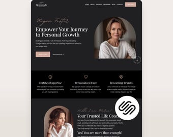 Może przedstawiać: Szablon strony internetowej Squarespace dla coacha z ciemną kolorystyką i białym tekstem. Układ zawiera nagłówek z nawigacją, sekcję główną z portretem w łukowatej ramce oraz sekcje poświęcone usługom i opiniom klientów.