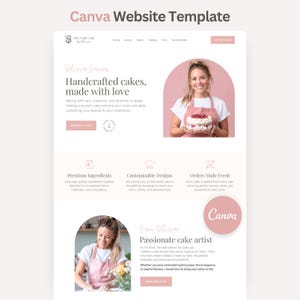 May include: A Canva website template for a bakery business titled The Cake Lab by Olivia. The layout features a white background with soft pink accents, text sections, and two circular images of a person in a pink apron holding a cake.