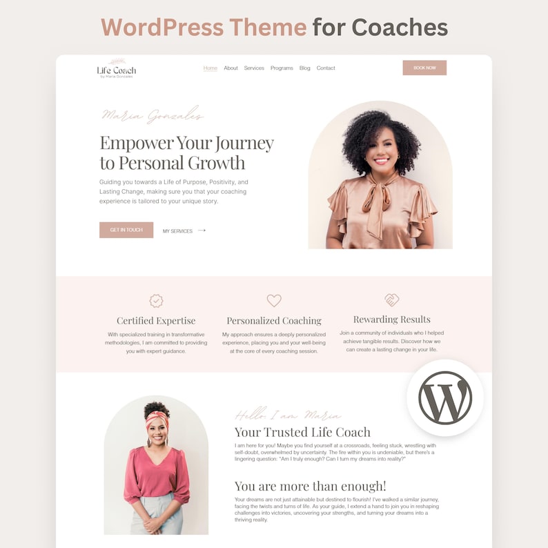 Coaching Wordpress-tema Terapeut Komplett webbplats Livscoach Wordpress-mall Redigerbar Wordpress-blogg bild 1