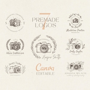7 Premade Photography Logo Designs: Hand-Drawn Camera Logo (Canva Editable)