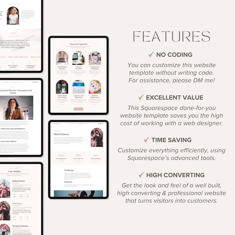 May include: A pink and white Squarespace website template for social media managers. The template features a modern design with a focus on visual appeal and easy navigation. The text on the page highlights the benefits of using the template, including no coding required, excellent value, time saving, and high converting.