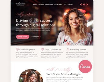 Plantilla de Canva para sitios web de redes sociales, plantilla de Canva para asistentes virtuales, sitio web de agencia de marketing digital de una página.