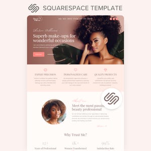 May include: A Squarespace website template for a beauty professional named Sharon Williams. The layout features a hero section with a portrait, text reading Superb make-ups for wonderful occasions, service highlights, an about section, and statistics.