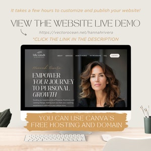 May include: A computer screen displaying a website for a life coach named Hannah Rivera. The website features a photo of Hannah Rivera and the text "EMPOWER YOUR JOURNEY TO PERSONAL GROWTH". The text "YOU CAN USE CANVA'S FREE HOSTING AND DOMAIN" is displayed on a brown rectangle.