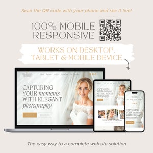 K&ouml;nnte beinhalten: Eine digitale Darstellung eines Website-Designs auf einem Laptop, Tablet und Smartphone. Der Bildschirm zeigt den Text 'CAPTURING YOUR moments WITH ELEGANT photography' und einen QR-Code. Das Layout ist als 100% mobil-responsiv gekennzeichnet.