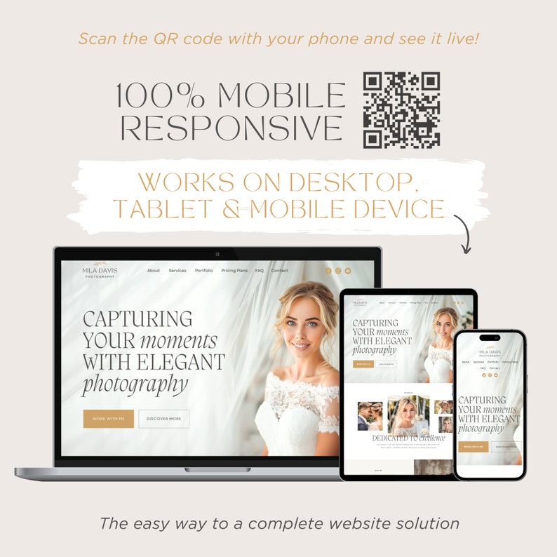 K&ouml;nnte beinhalten: Eine digitale Darstellung eines Website-Designs auf einem Laptop, Tablet und Smartphone. Der Bildschirm zeigt den Text 'CAPTURING YOUR moments WITH ELEGANT photography' und einen QR-Code. Das Layout ist als 100% mobil-responsiv gekennzeichnet.