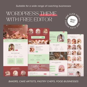 May include: A WordPress theme with a free editor, designed for coaching businesses. The image displays website layouts for cake and bakery businesses, with the text "Handcrafted Cakes Made With Love" and "Best Buy" visible.
