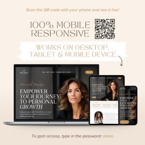 May include: A website design displayed on a laptop, tablet, and smartphone. The website promotes personal growth and features a woman's portrait. Text includes "100% MOBILE RESPONSIVE" and "EMPOWER YOUR JOURNEY TO PERSONAL GROWTH."