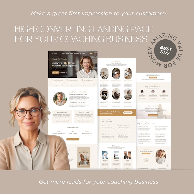 May include: A website landing page for a life coach. The page features a photo of the coach, a description of her services, and testimonials from past clients. The page also includes a call to action to book a free consultation.