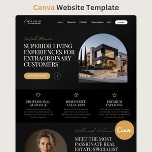 Canva Website Template Real Estate Template Dark Realtor Landing Page Agent Editable Web Site