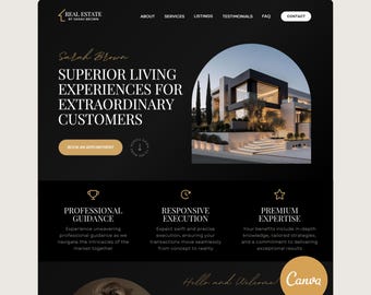 Canva Website Template Real Estate Template Dark Realtor Landing Page Agent Editable Web Site