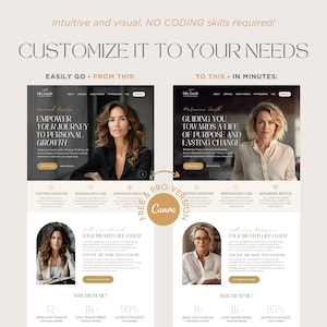 May include: A website mockup for a life coach, showing two different versions of the website. The top version is a free version and the bottom version is a pro version. The website features a photo of the life coach, a description of their services, and testimonials from clients. The text on the website includes the words "EMPOWER YOUR JOURNEY TO PERSONAL GROWTH" and "GUIDING YOU TOWARDS A LIFE OF PURPOSE AND LASTING CHANGE".