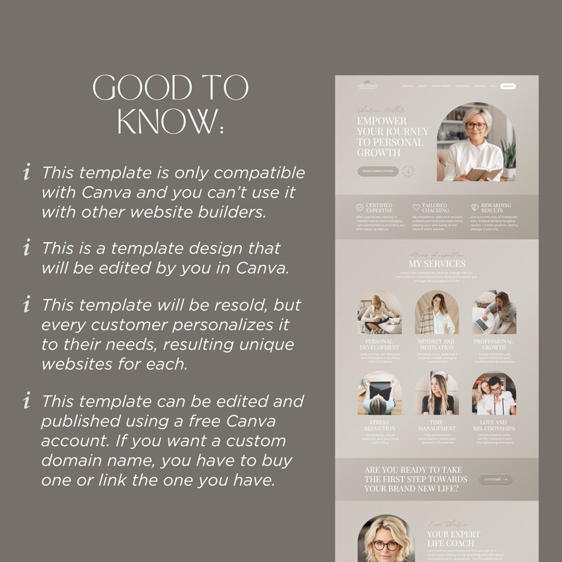 May include: A digital website template design for Canva featuring a neutral beige color palette. The layout includes sections for personal growth services, coaching expertise, and service categories with arched photo frames and text blocks.
