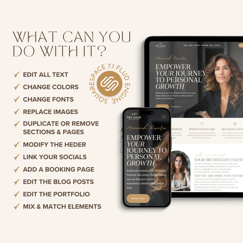 May include: A digital mockup showcasing a website design on a tablet and smartphone. The design features the text "EMPOWER YOUR JOURNEY TO PERSONAL GROWTH" and a photo of a woman. Additional text lists website editing options.