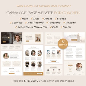 May include: A Canva one-page website template for coaches, featuring a light brown and white colour scheme. The website includes sections for a hero, trust, about, e-book, services, how it works, programs, reviews, subscribe to newsletter, FAQ, and footer. The website also includes a call to action to view a live demo.