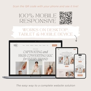 May include: A laptop, tablet, and smartphone displaying a website with the text "CAPTIVATING and HIGH CONVERTING UGC for EVERY BRAND". The website is designed to be mobile responsive and works on desktop, tablet, and mobile devices.