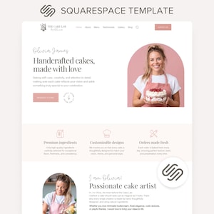 May include: Squarespace website template for The Cake Lab, featuring a woman holding a cake. The design includes text: "Handcrafted cakes, made with love." Additional sections highlight premium ingredients, customizable designs, and fresh orders.