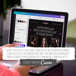 May include: A laptop displaying a website design interface with the text "CAPTIVATING and HIGH CONVERTING UGC for EVERY BRAND." The screen shows editing tools and color palettes. The text "EDIT TEXTS, COLORS, SIZES, FONTS WITH EASE!" is also visible.