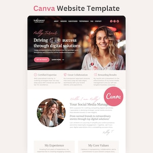May include: A Canva website template for a social media expert named Kelly Turner. The layout features a hero section with text, a navigation bar, a portrait, and sections for expertise, collaboration, results, and a personal introduction.