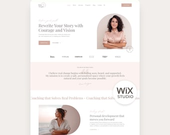 Può includere: Un modello di sito web Wix Studio caratterizzato da un layout dai toni chiari con accenti rosa tenue. Il design include un'intestazione con navigazione, una sezione hero con ritratto e sezioni per servizi di coaching e sviluppo personale.