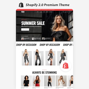 May include: A Shopify 2.0 premium theme website layout for Celia Fashion featuring a summer sale banner, navigation menu, featured products, and shop by occasion sections with images of clothing and the text Always Be Stunning.