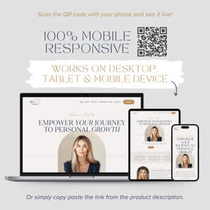 May include: A laptop, tablet, and smartphone displaying a website with the text EMPOWER YOUR JOURNEY TO PERSONAL GROWTH, a QR code, and the text 100% MOBILE RESPONSIVE, WORKS ON DESKTOP, TABLET & MOBILE DEVICE, Scan the QR code with your phone and see it live!