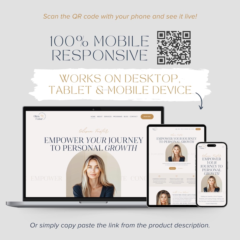 May include: A laptop, tablet, and smartphone displaying a website with the text EMPOWER YOUR JOURNEY TO PERSONAL GROWTH, a QR code, and the text 100% MOBILE RESPONSIVE, WORKS ON DESKTOP, TABLET & MOBILE DEVICE, Scan the QR code with your phone and see it live!