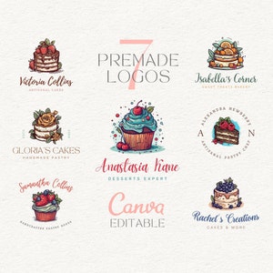 May include: Seven pre-made logos for a bakery or dessert shop. The logos feature illustrations of cakes, cupcakes, and pastries with text that includes the names "Victoria Collins", "Isabella's Corner", "Gloria's Cakes", "Anastasia Kane", "Samantha Collins", "Rachel's Creations", and "Canva Editable".