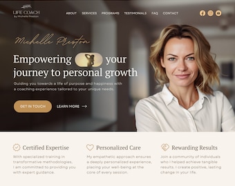 Life Coach Website Template Canva Coaching Website Boho Landing Page Template Coaching Business Therapist Web Site Canva One Page Website