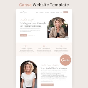 May include: A Canva website template featuring a neutral color palette with soft pink accents. The layout includes sections for services, testimonials, and contact information, with placeholder text and two circular images of a person.