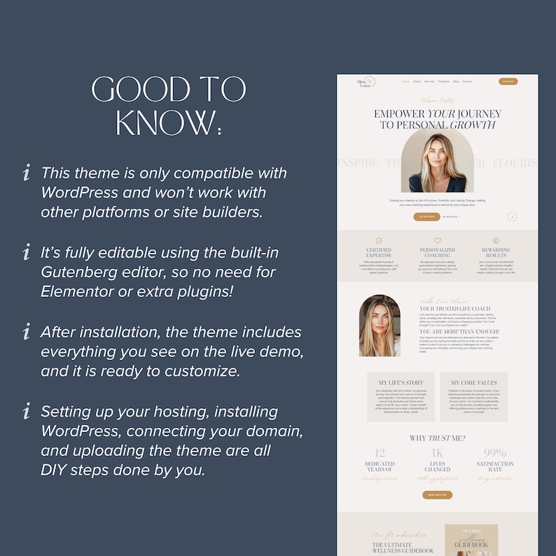 May include: A digital website template design featuring a neutral color palette with beige and white sections. The layout includes text headers like EMPOWER YOUR JOURNEY TO PERSONAL GROWTH, sections for coaching services, and a list of compatibility notes.