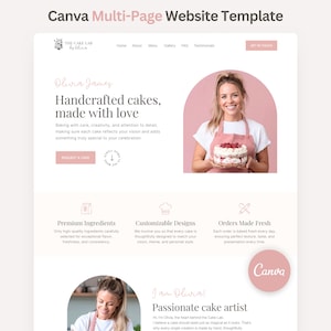 May include: A website template for The Cake Lab by Olivia, with a light pink and white colour scheme. The design includes sections for handcrafted cakes, premium ingredients, and customizable designs. The text "Canva Multi-Page Website Template" is at the top.