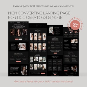 May include: A digital marketing layout with a black and beige color scheme. The design includes text such as "HIGH CONVERTING LANDING PAGE FOR UGC CREATORS & MORE" and "BEST BUY". The layout showcases various sections, including portfolio videos and product photography.