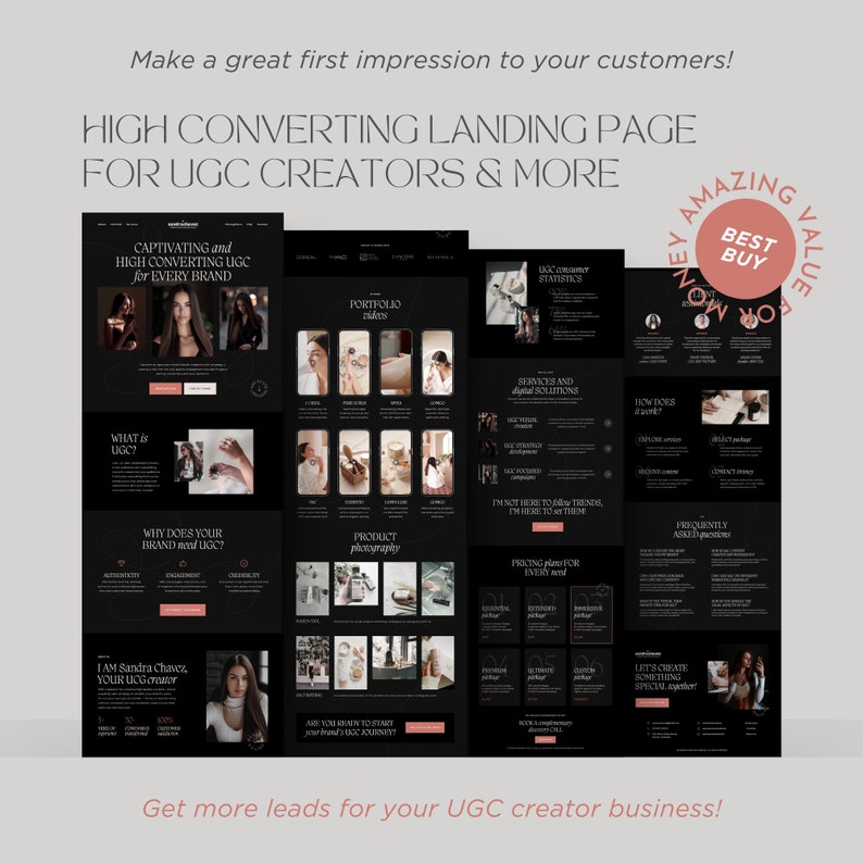 May include: A digital marketing layout with a black and beige color scheme. The design includes text such as "HIGH CONVERTING LANDING PAGE FOR UGC CREATORS & MORE" and "BEST BUY". The layout showcases various sections, including portfolio videos and product photography.