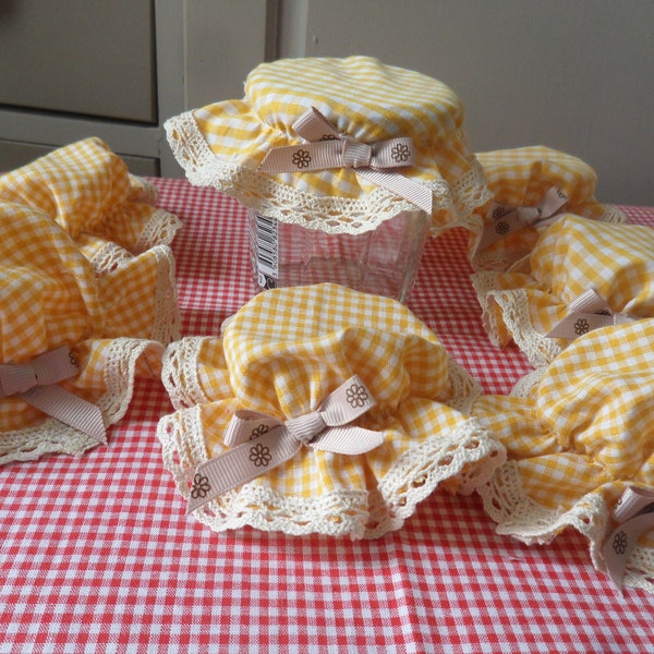 7 charlottes pots à confiture carreaux jaune et blanc